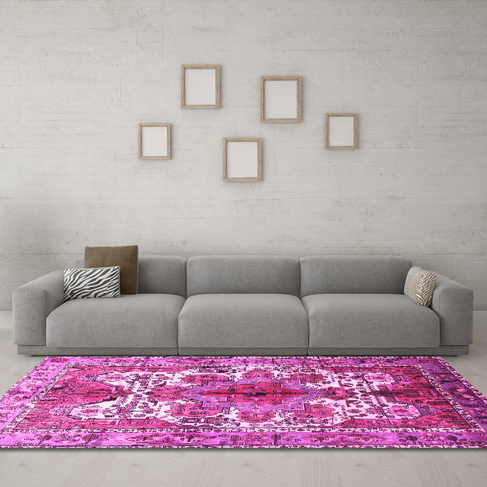 Machine Washable Persian Pink Traditional Rug in a Living Room, wshtr783pnk