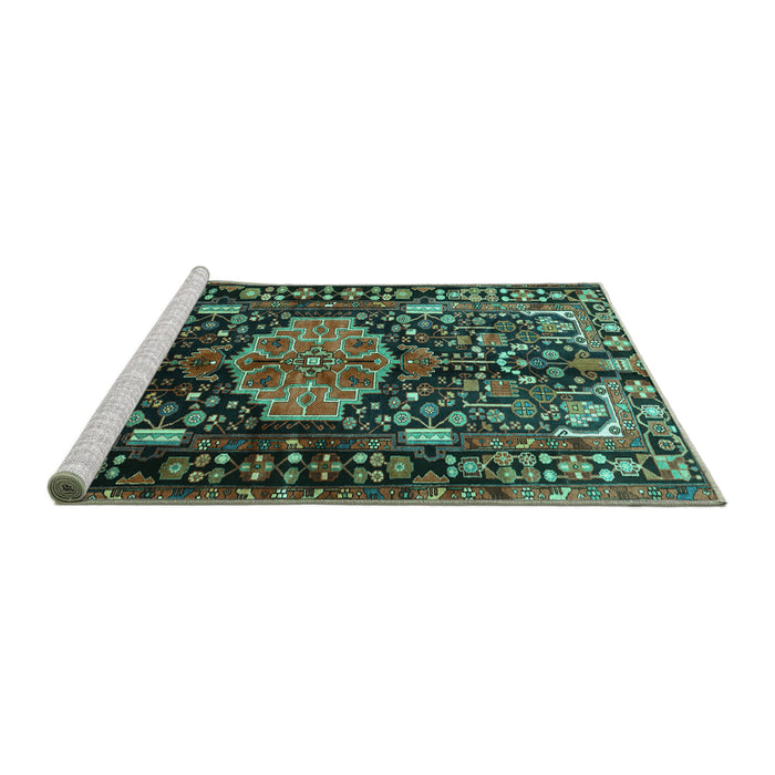 Sideview of Machine Washable Persian Turquoise Traditional Area Rugs, wshtr784turq
