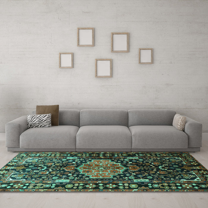 Machine Washable Persian Turquoise Traditional Area Rugs in a Living Room,, wshtr784turq