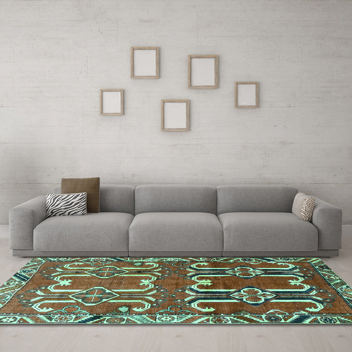 Machine Washable Persian Turquoise Traditional Area Rugs in a Living Room,, wshtr786turq