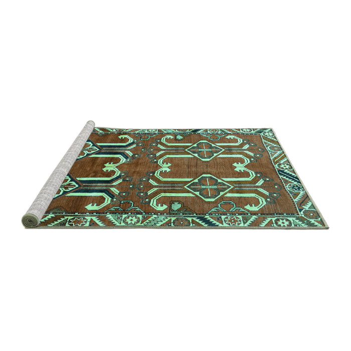 Sideview of Machine Washable Persian Turquoise Traditional Area Rugs, wshtr786turq