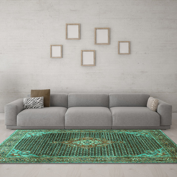 Machine Washable Persian Turquoise Traditional Area Rugs in a Living Room,, wshtr787turq