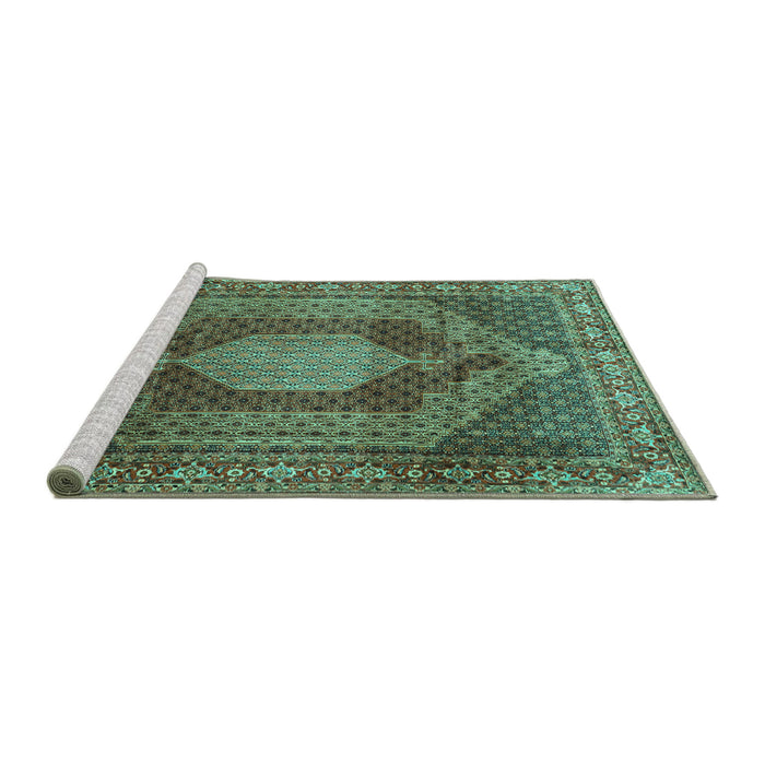 Sideview of Machine Washable Persian Turquoise Traditional Area Rugs, wshtr788turq