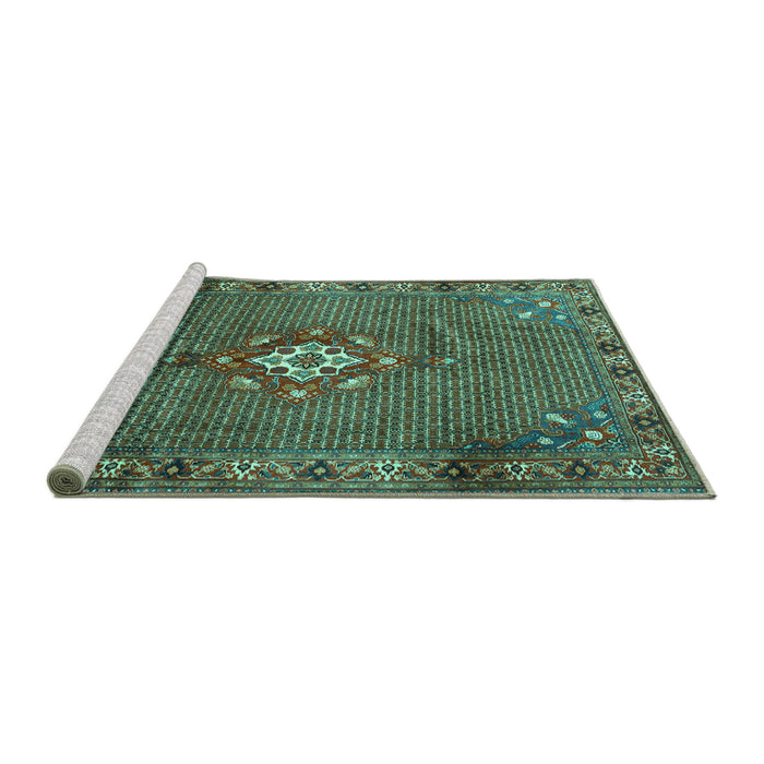 Sideview of Machine Washable Persian Turquoise Traditional Area Rugs, wshtr789turq