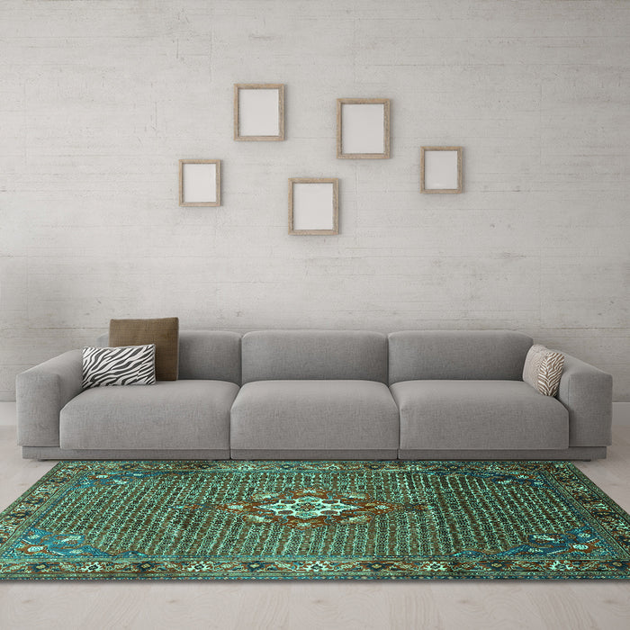 Machine Washable Persian Turquoise Traditional Area Rugs in a Living Room,, wshtr789turq