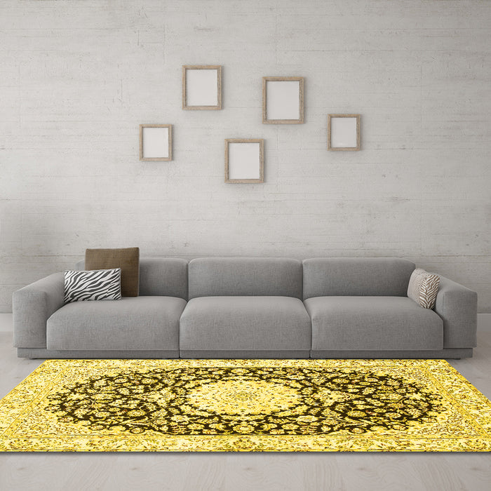 Machine Washable Medallion Yellow Traditional Rug in a Living Room, wshtr78yw
