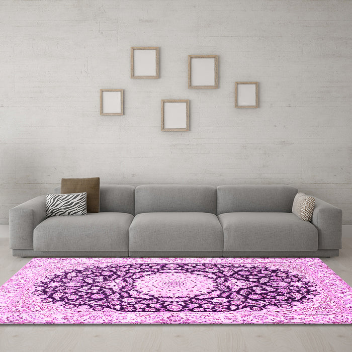 Machine Washable Medallion Pink Traditional Rug in a Living Room, wshtr78pnk