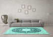 Machine Washable Medallion Turquoise Traditional Area Rugs in a Living Room,, wshtr78turq