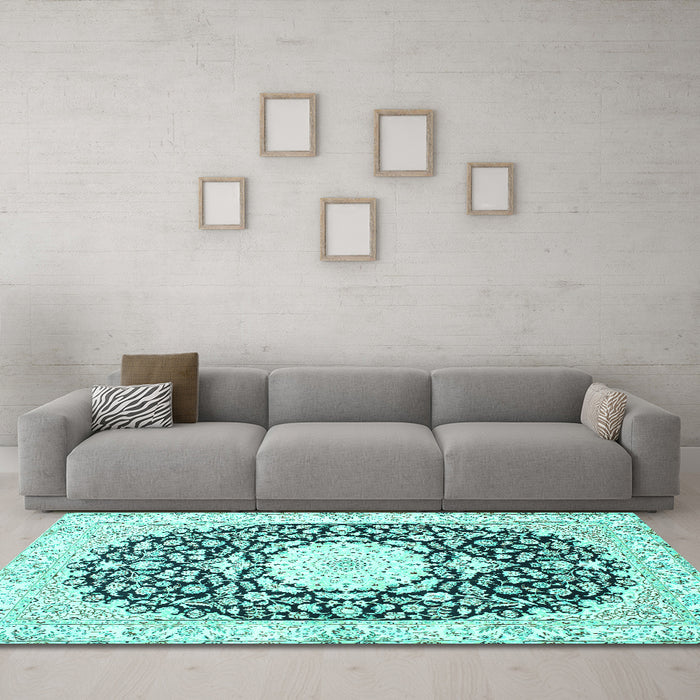 Machine Washable Medallion Turquoise Traditional Area Rugs in a Living Room,, wshtr78turq