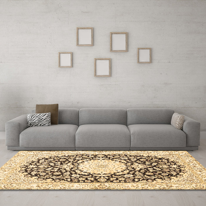 Machine Washable Medallion Brown Traditional Rug in a Living Room,, wshtr78brn