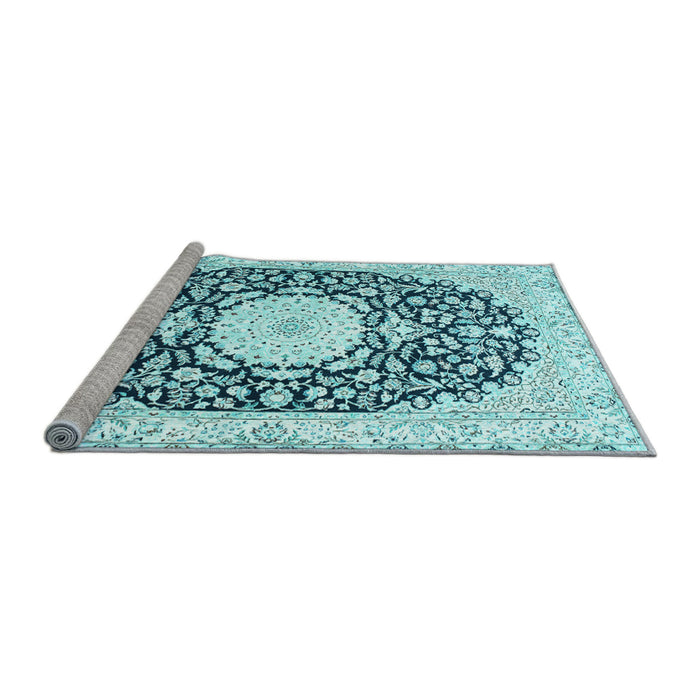 Sideview of Machine Washable Medallion Light Blue Traditional Rug, wshtr78lblu