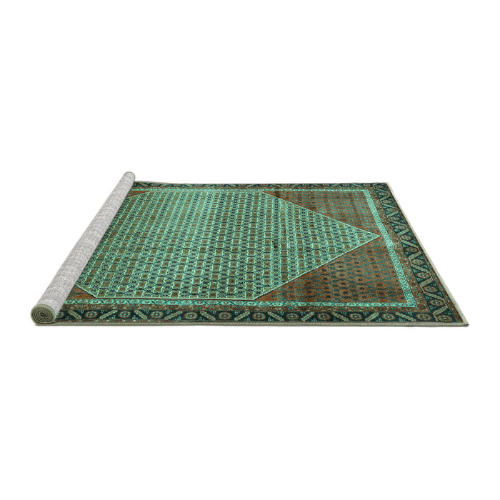 Sideview of Machine Washable Persian Turquoise Traditional Area Rugs, wshtr790turq