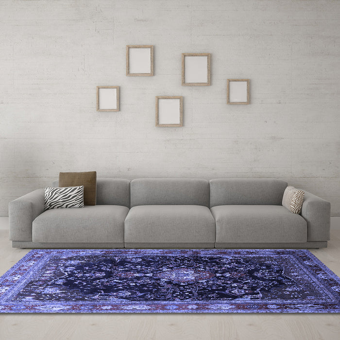 Machine Washable Persian Blue Traditional Rug in a Living Room, wshtr791blu