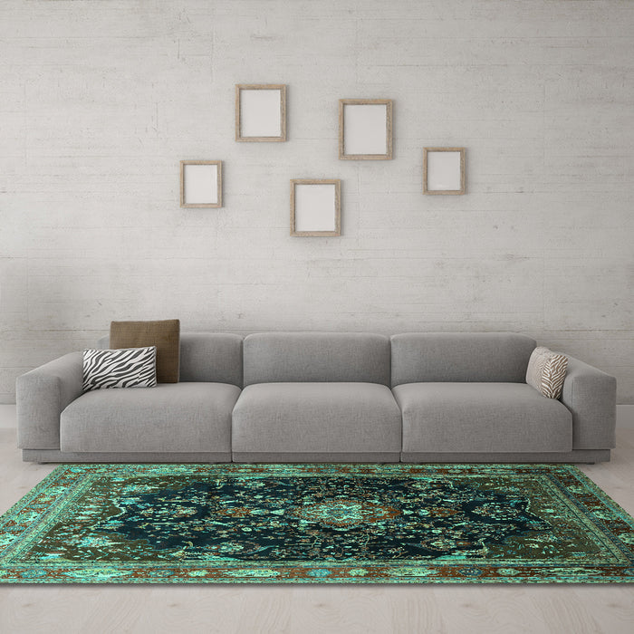 Machine Washable Persian Turquoise Traditional Area Rugs in a Living Room,, wshtr791turq