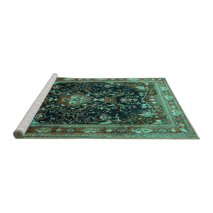 Sideview of Machine Washable Persian Turquoise Traditional Area Rugs, wshtr791turq