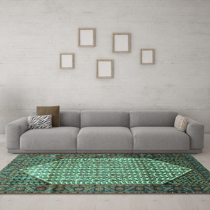 Machine Washable Persian Turquoise Traditional Area Rugs in a Living Room,, wshtr792turq