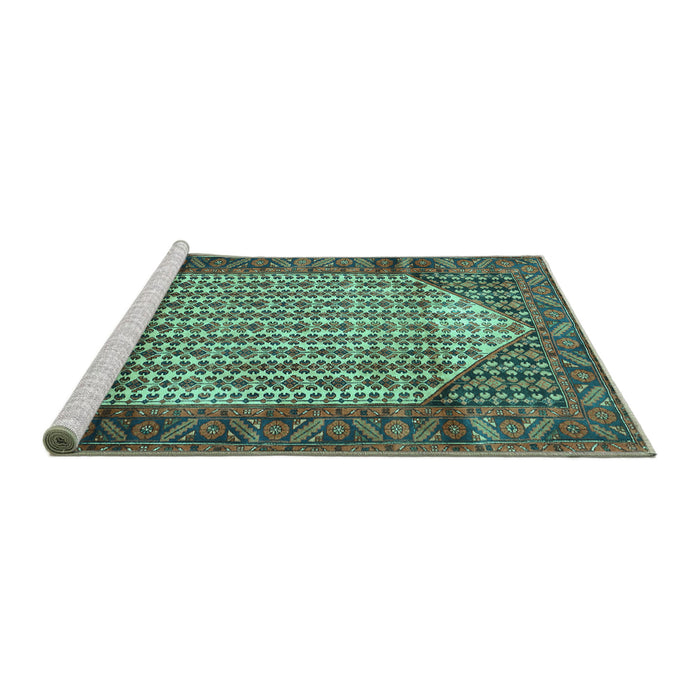 Sideview of Machine Washable Persian Turquoise Traditional Area Rugs, wshtr792turq
