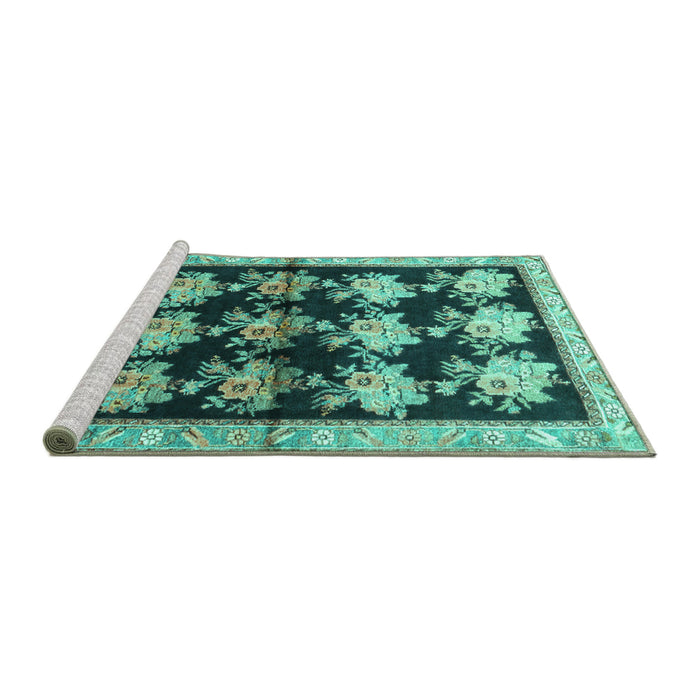 Sideview of Machine Washable Persian Turquoise Traditional Area Rugs, wshtr793turq
