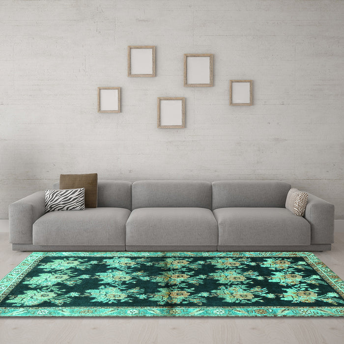 Machine Washable Persian Turquoise Traditional Area Rugs in a Living Room,, wshtr793turq
