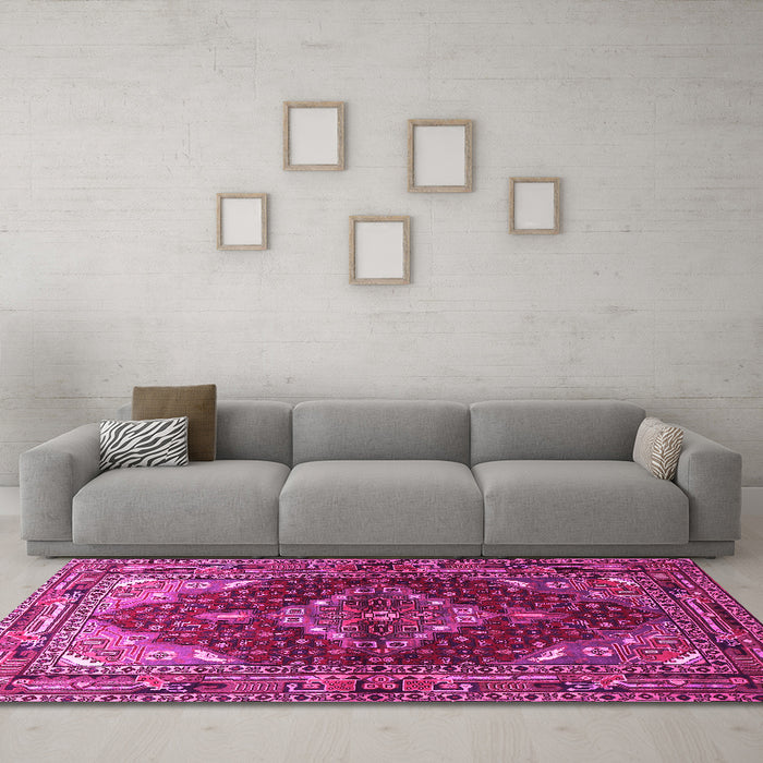 Machine Washable Persian Pink Traditional Rug in a Living Room, wshtr794pnk