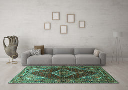 Machine Washable Persian Turquoise Traditional Area Rugs in a Living Room,, wshtr794turq