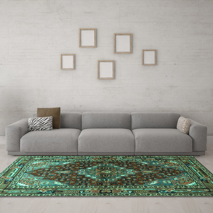 Machine Washable Persian Turquoise Traditional Area Rugs in a Living Room,, wshtr794turq