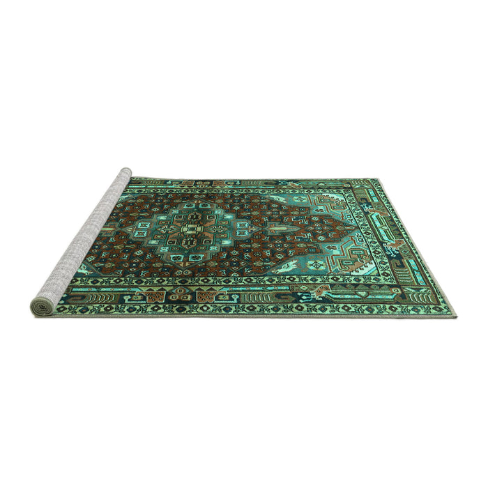 Sideview of Machine Washable Persian Turquoise Traditional Area Rugs, wshtr794turq