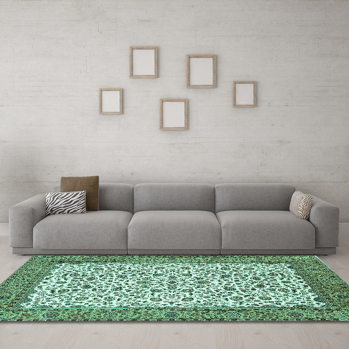 Machine Washable Persian Turquoise Traditional Area Rugs in a Living Room,, wshtr795turq