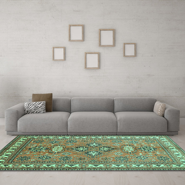 Machine Washable Persian Turquoise Traditional Area Rugs in a Living Room,, wshtr797turq