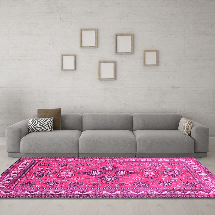 Machine Washable Persian Pink Traditional Rug in a Living Room, wshtr797pnk