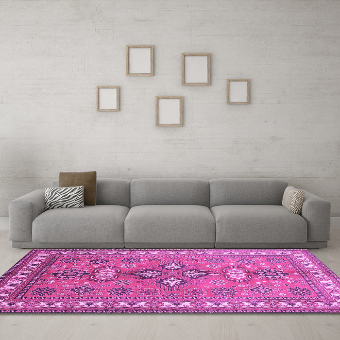 Machine Washable Persian Purple Traditional Area Rugs in a Living Room, wshtr797pur