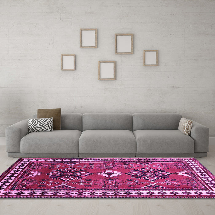 Machine Washable Geometric Purple Traditional Area Rugs in a Living Room, wshtr798pur