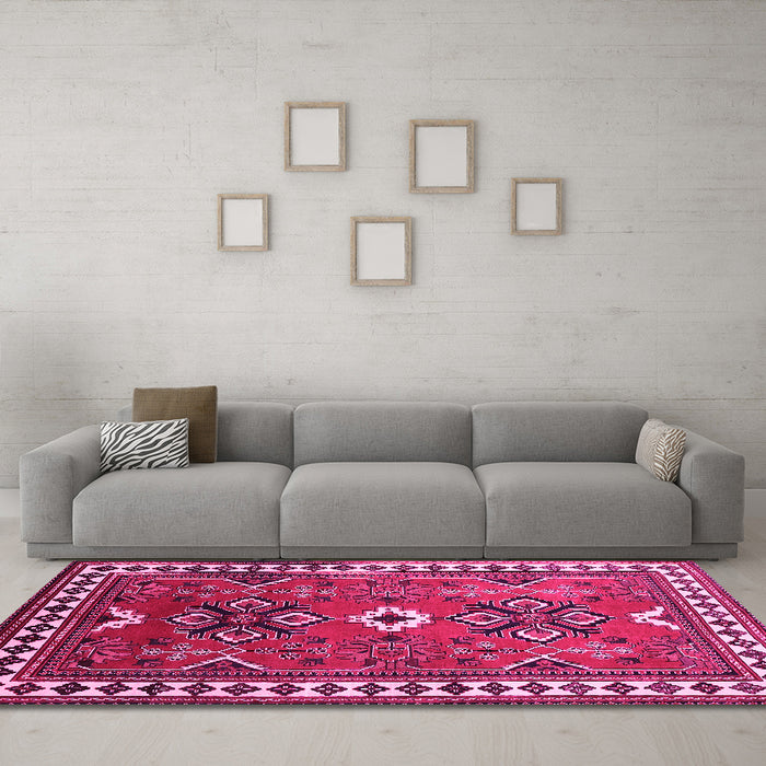 Machine Washable Geometric Pink Traditional Rug in a Living Room, wshtr798pnk