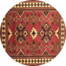 Round Geometric Brown Traditional Rug, tr798brn