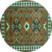Round Machine Washable Geometric Turquoise Traditional Area Rugs, wshtr798turq