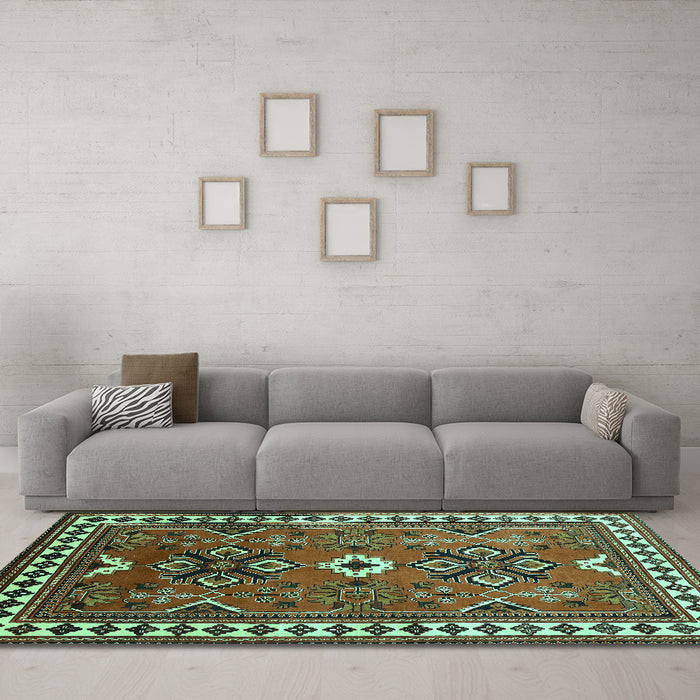 Machine Washable Geometric Turquoise Traditional Area Rugs in a Living Room,, wshtr798turq
