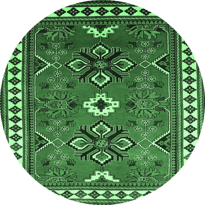 Round Geometric Emerald Green Traditional Rug, tr798emgrn