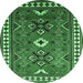 Round Machine Washable Geometric Emerald Green Traditional Area Rugs, wshtr798emgrn