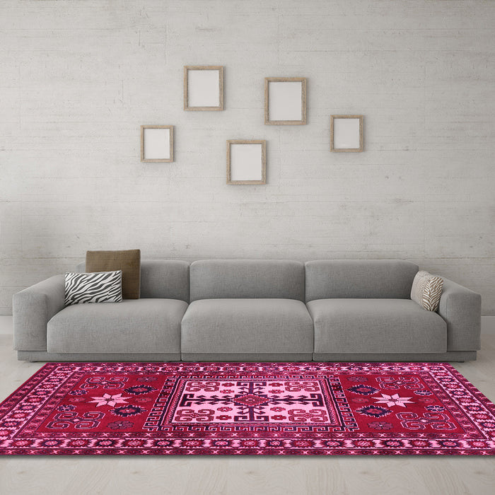 Machine Washable Geometric Pink Traditional Rug in a Living Room, wshtr799pnk