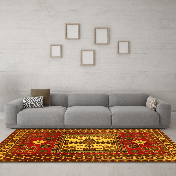 Machine Washable Geometric Yellow Traditional Rug in a Living Room, wshtr799yw