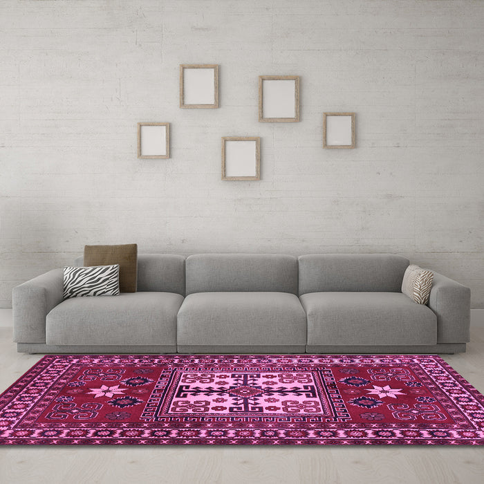 Machine Washable Geometric Purple Traditional Area Rugs in a Living Room, wshtr799pur