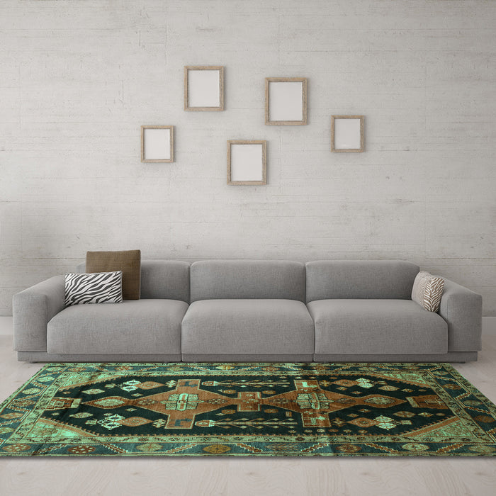Machine Washable Persian Turquoise Traditional Area Rugs in a Living Room,, wshtr79turq