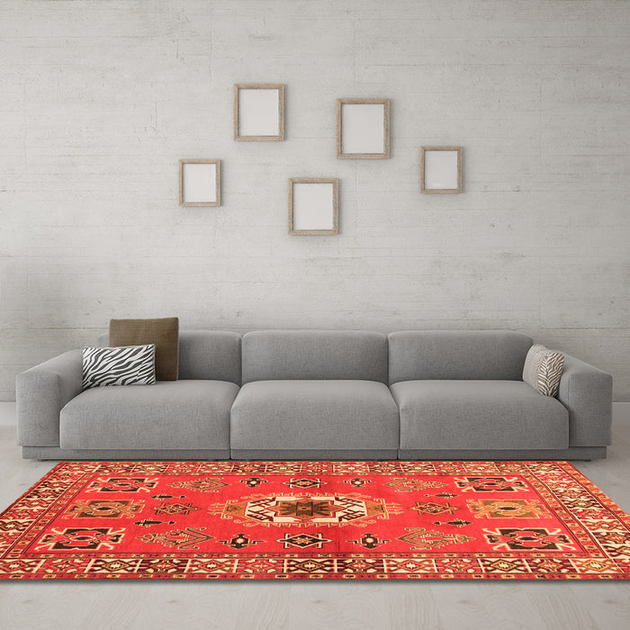 Machine Washable Geometric Orange Traditional Area Rugs in a Living Room, wshtr800org