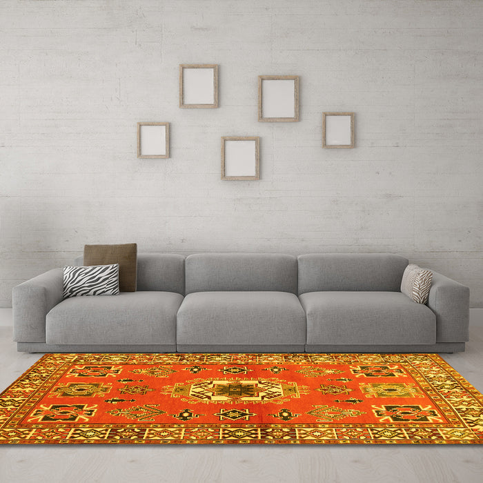Machine Washable Geometric Yellow Traditional Rug in a Living Room, wshtr800yw