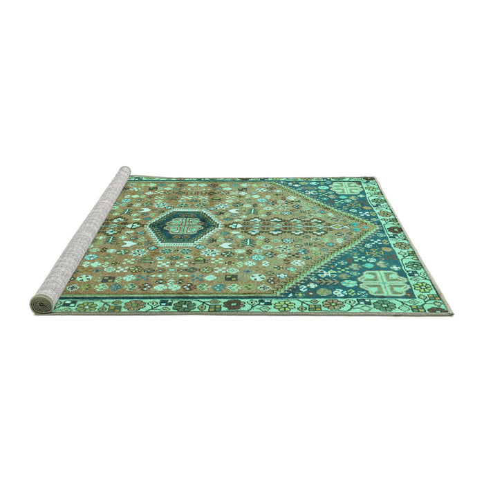 Sideview of Machine Washable Persian Turquoise Traditional Area Rugs, wshtr801turq