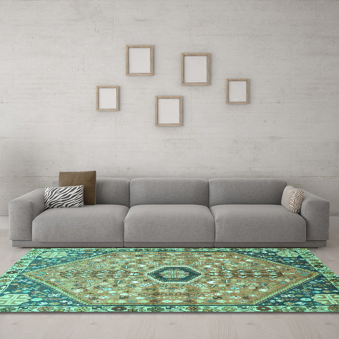 Machine Washable Persian Turquoise Traditional Area Rugs in a Living Room,, wshtr801turq