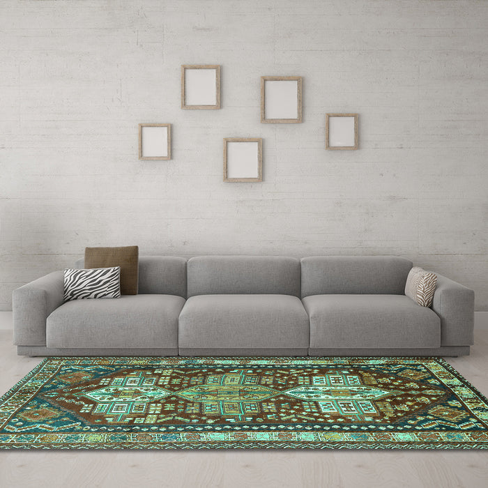 Machine Washable Persian Turquoise Traditional Area Rugs in a Living Room,, wshtr802turq