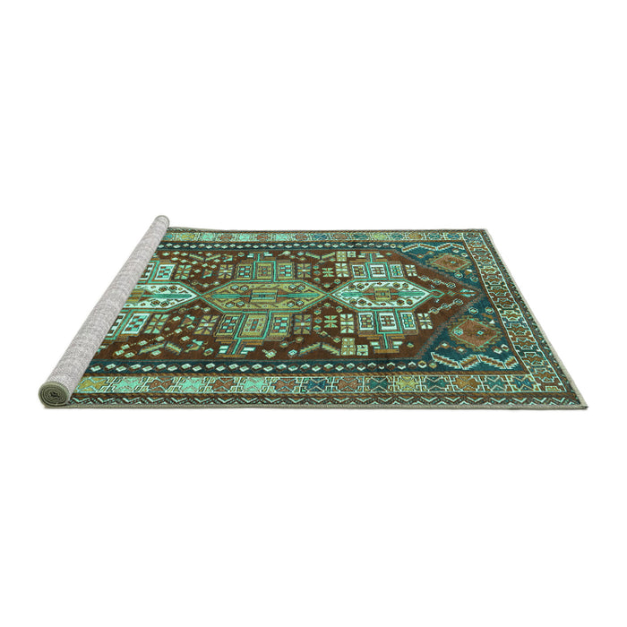 Sideview of Machine Washable Persian Turquoise Traditional Area Rugs, wshtr802turq