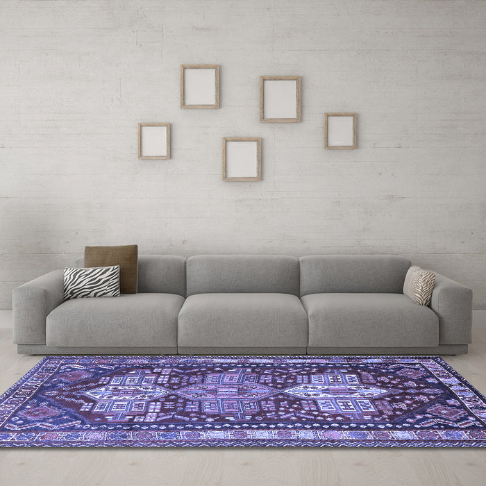 Machine Washable Persian Blue Traditional Rug in a Living Room, wshtr802blu
