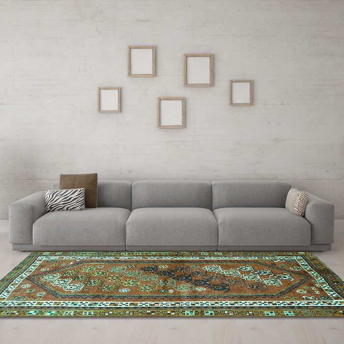 Machine Washable Persian Turquoise Traditional Area Rugs in a Living Room,, wshtr803turq
